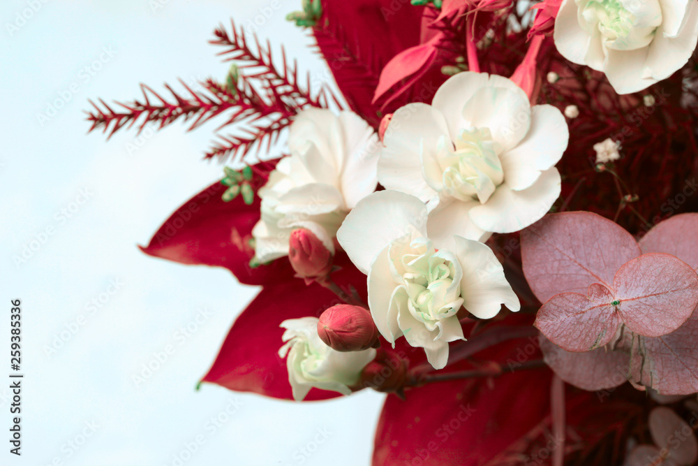 Fototapeta premium Flower bouquet background. Carnations and Anemones.