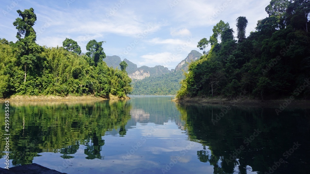 tropical landscape on chiao lan lake in khao sok