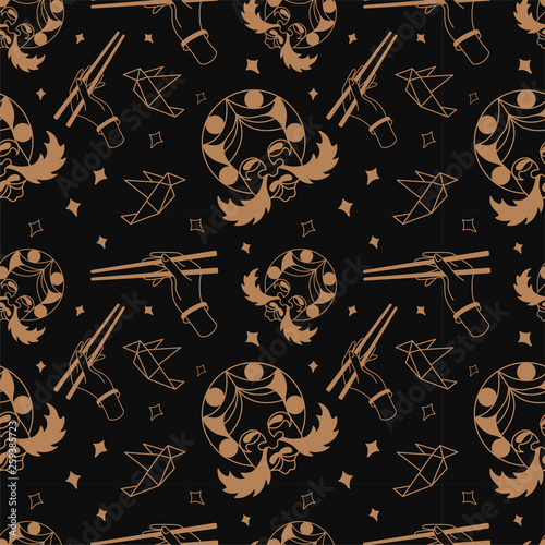 Demon, origami paper birds, chopsticks seamless pattern