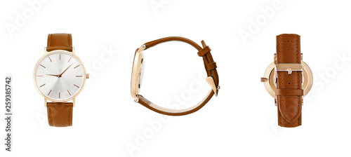 Classic women gold watch black dial, leather strap, isolate on white background