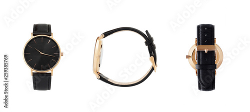 Classic women gold watch black dial, leather strap, isolate on white background