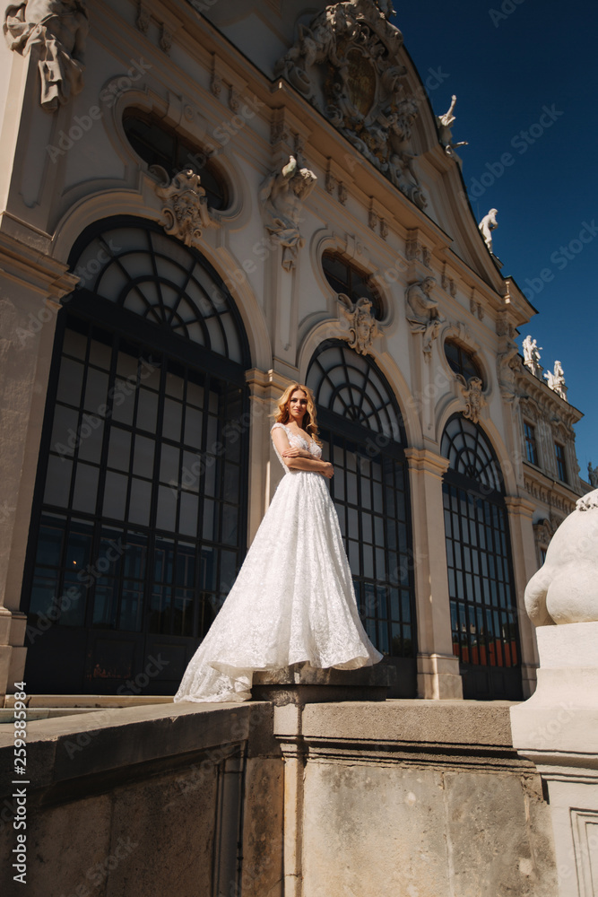 Beautiful bride in luxury wedding dress in front of palace