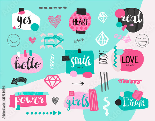Vector set of collage girlish banners, tags. Hand drawn design elements, doodle art with textures, modern trendy labels