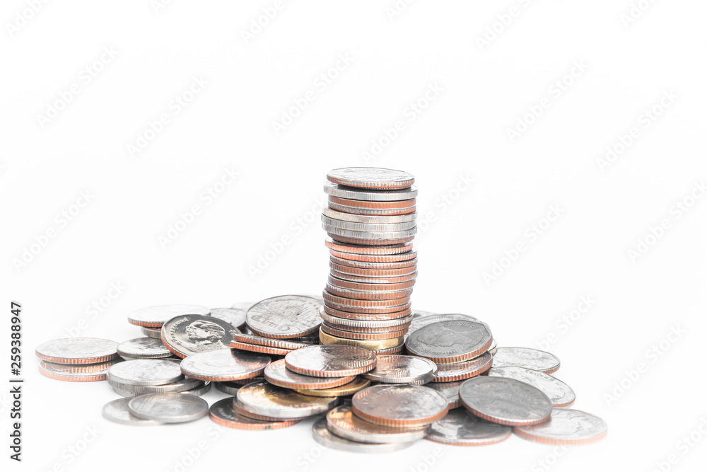 Thai baht money or Money Thai coins staircase sorted on white table. King of Thailand. The concept of financial planning, savings, Business successful Thai baht money or Money Thai coins staircase sorted on white table. King of Thailand. The concept of financial planning, savings, Business successful