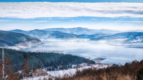 Panoramic view to Kurdjali dam, Bulgaria, in winter photo