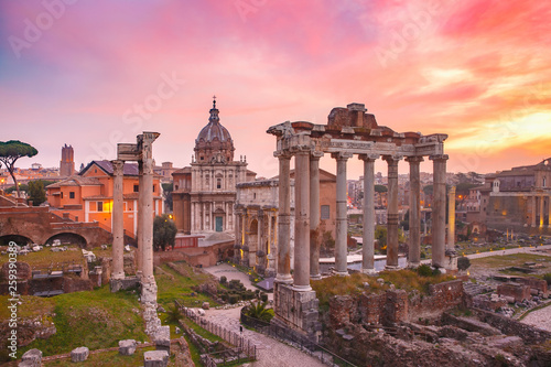 Ancient ruins of Roman Forum at sunrise, Rome, Italy