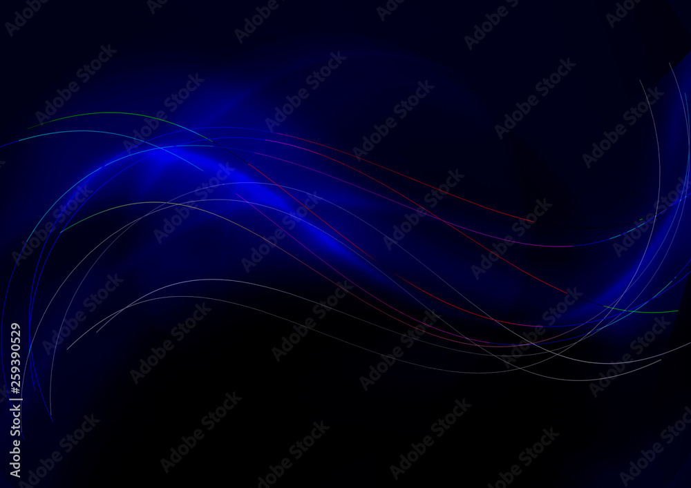 Thin intersecting wavy rainbow stripes cover smooth glowing bluish waves on a dark blue background