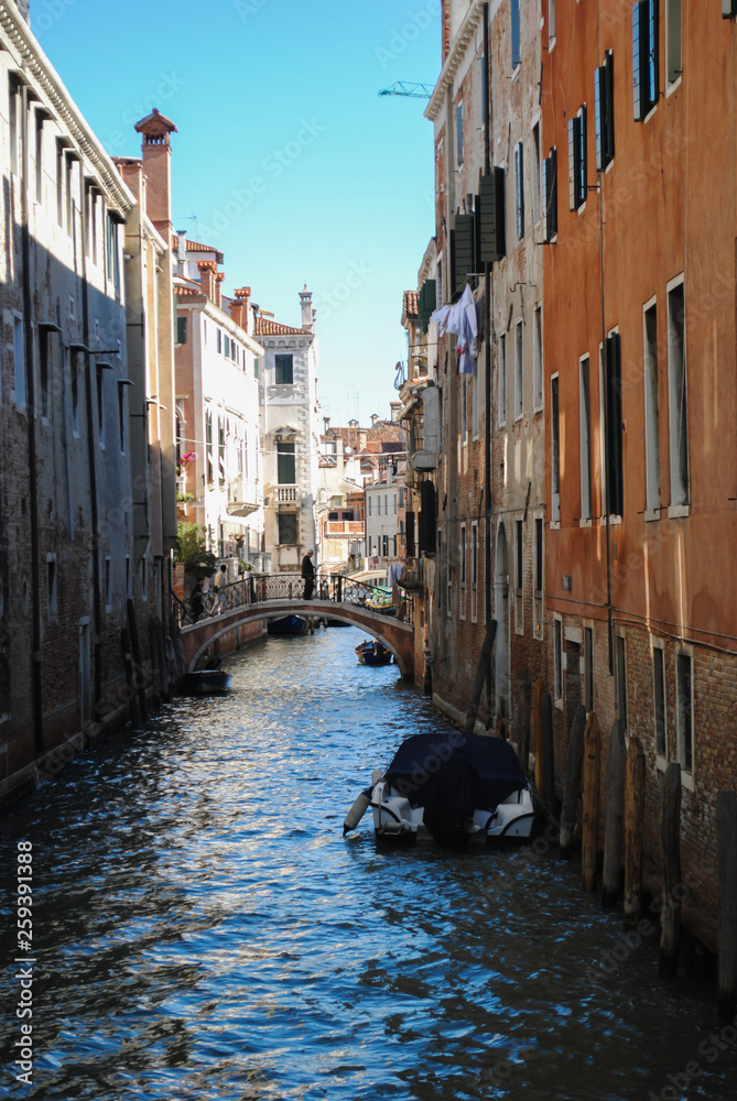 Italy beauty, boats and typical canal street in Venice, Venezia. vintage capture