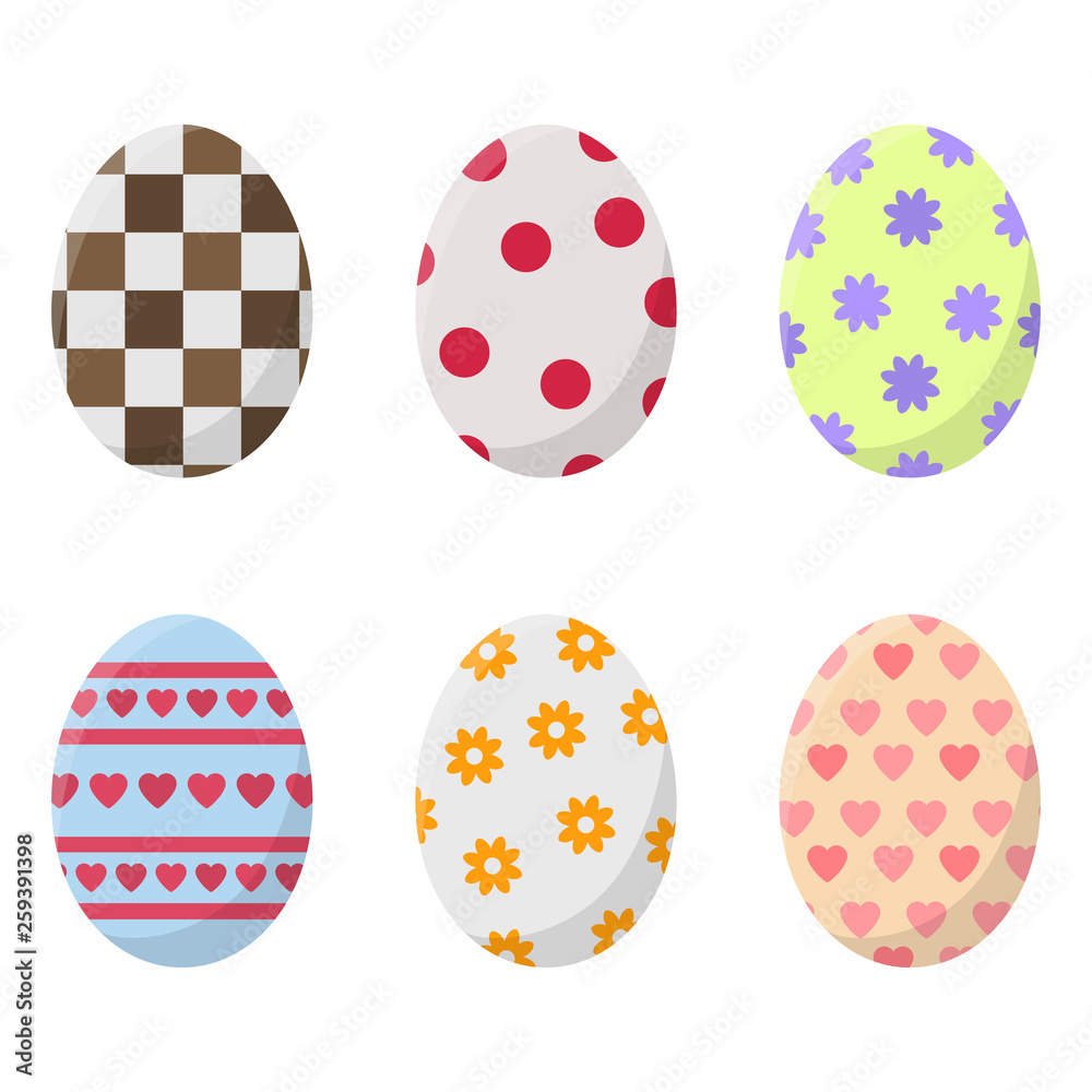 Set of Easter Eggs isolated on white background. Different Colorful Eggs with Stripes, Dots, Hearts and Flowers. Perfect For Greeting Cards, Invitations. Vector illustration in Flat Design.