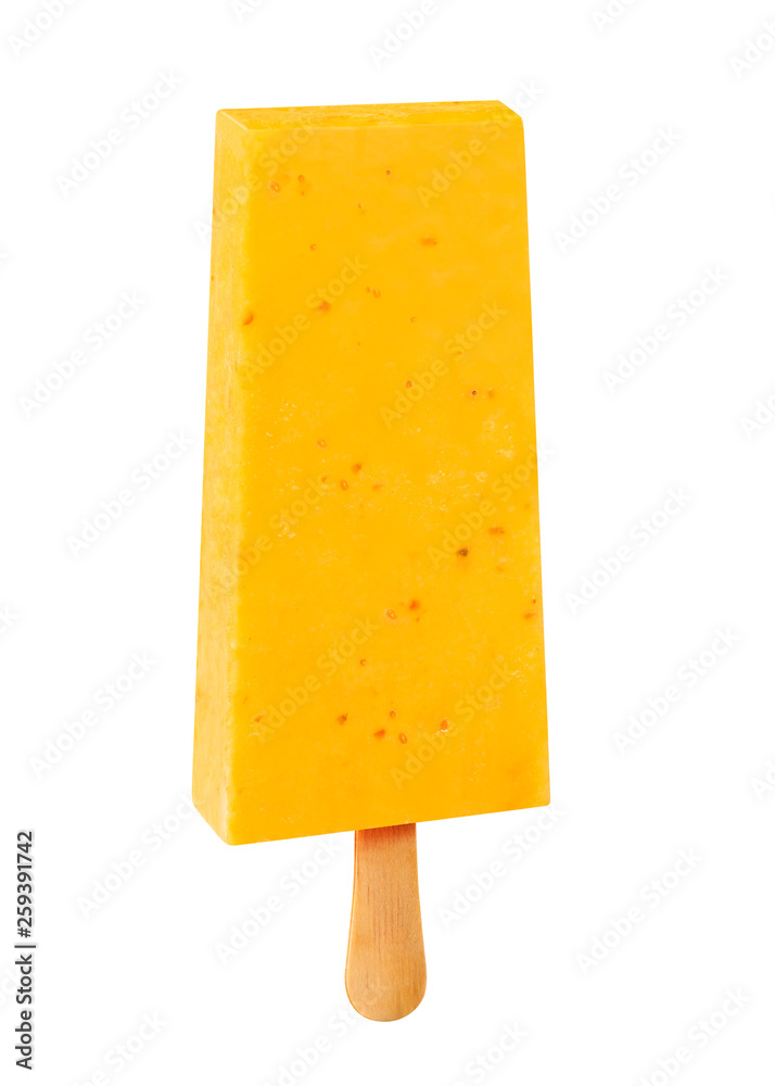 Stick ice cream mango and pepper flavor isolated on wood background. Mexican Pallets