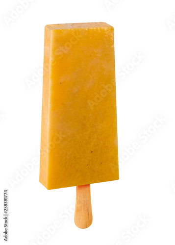 Stick ice cream passion fruit flavor isolated on wood background. Mexican Pallets
