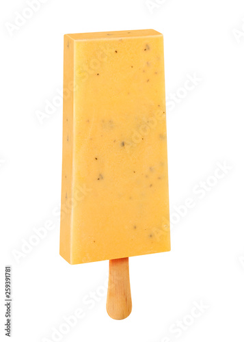 Stick ice cream passion fruit flavor isolated on wood background. Mexican Pallets