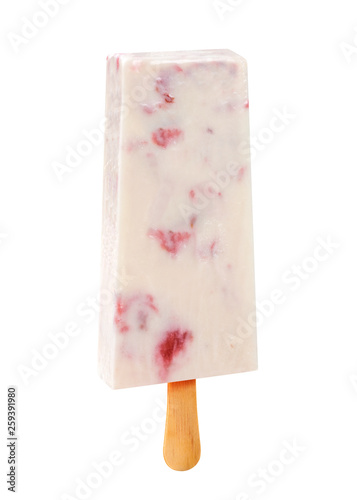 Obraz na płótnie Stick ice cream creamy strawberry flavor isolated on wood background. Mexican Pallets w salonie