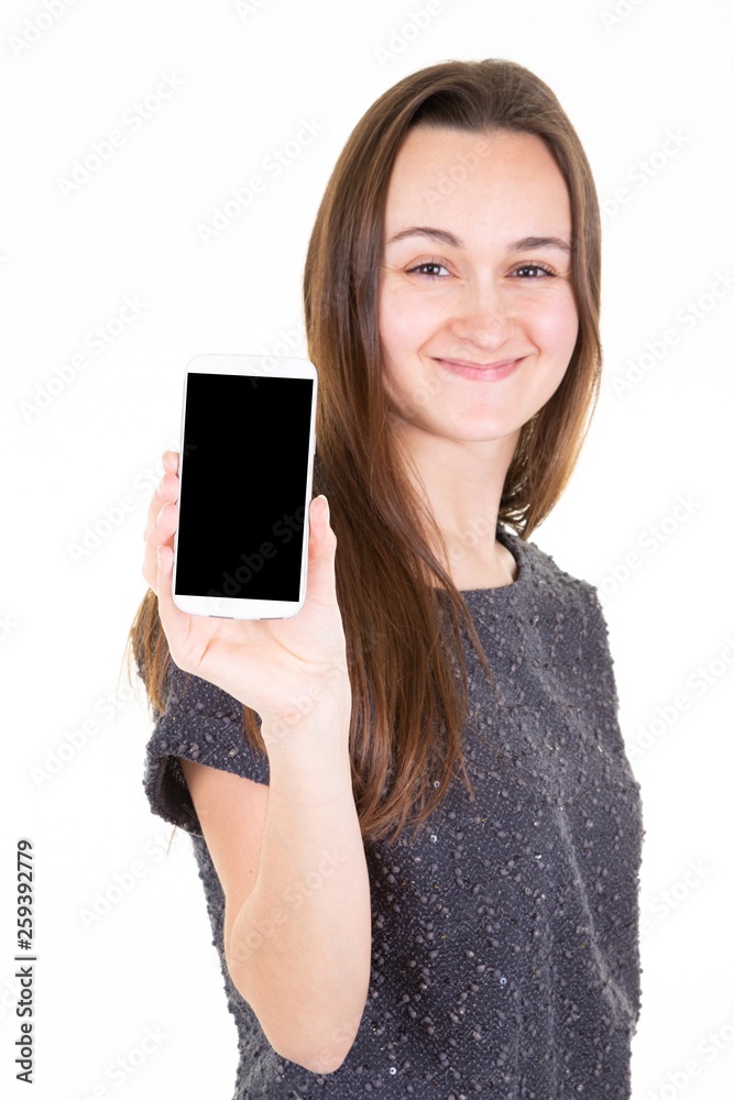 young woman presenting blank smartphone screen cellphone looking in camera young woman presenting blank smartphone screen cellphone looking in camera