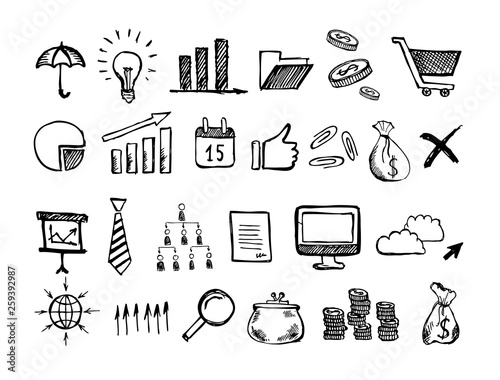 Hand drawn business symbols. Management concept with Doodle design style. 