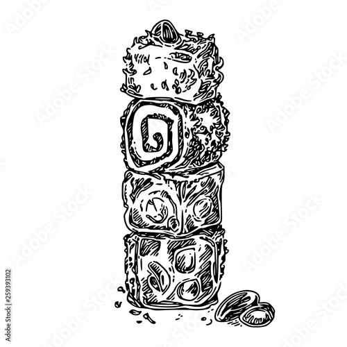 Eastern sweets. Stack of Turkish delight. Sketch. Engraving style. Vector illustration.