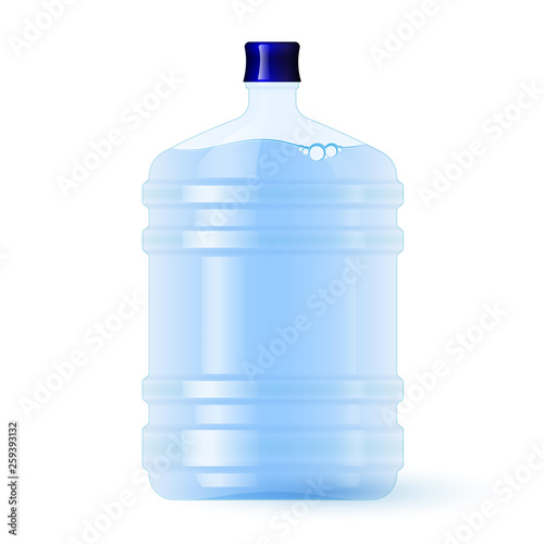 Large plastic bottle with water. Volume five gallons. Clean spring or purified water.