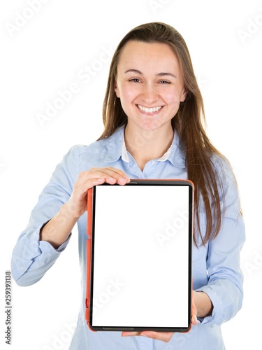 Woman in blue business shirt suit showig blank tablet computer screen photo