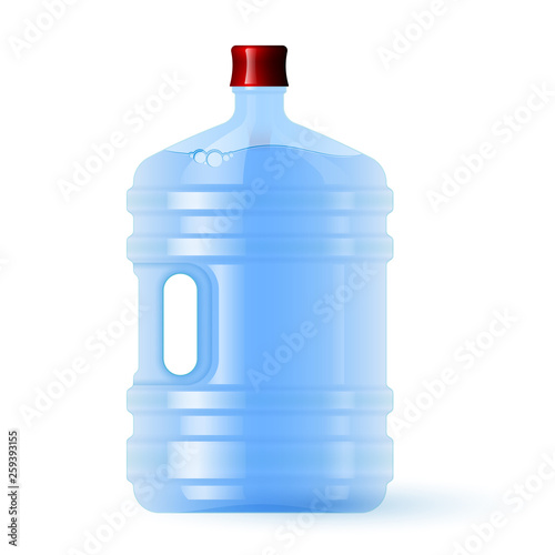 Large plastic bottle with water. Volume five gallons. Clean spring or purified water.