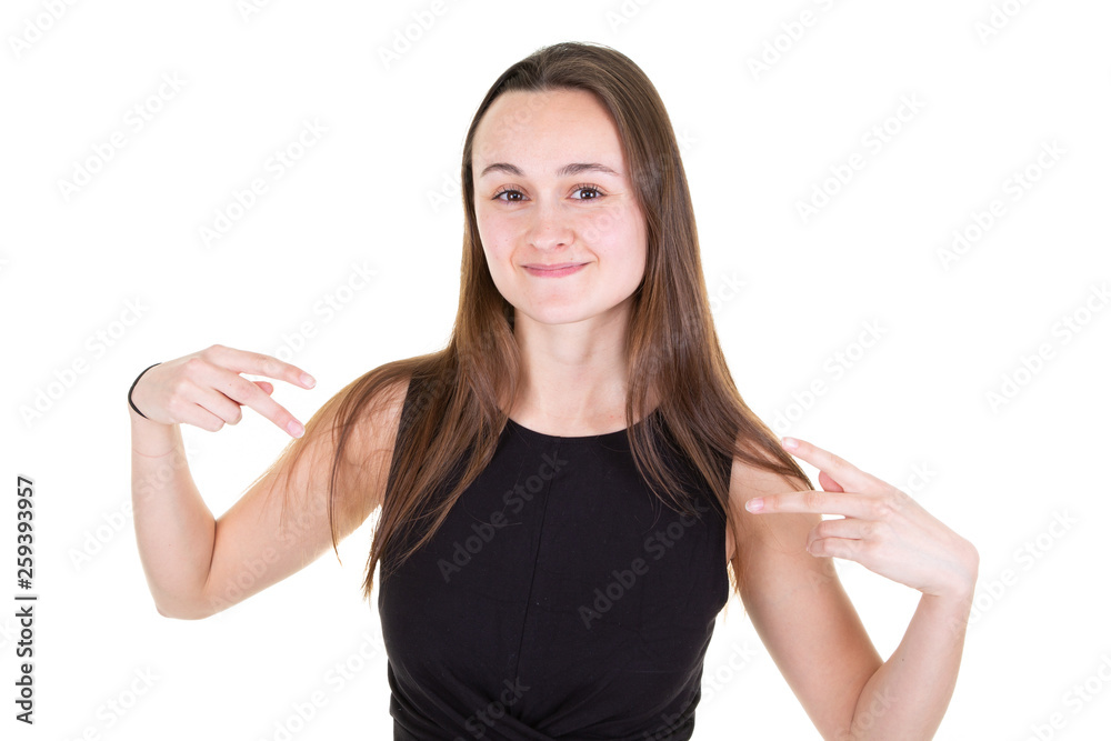 Cheerful model pointing at herself giving the peace sign Cheerful model pointing at herself giving the peace sign