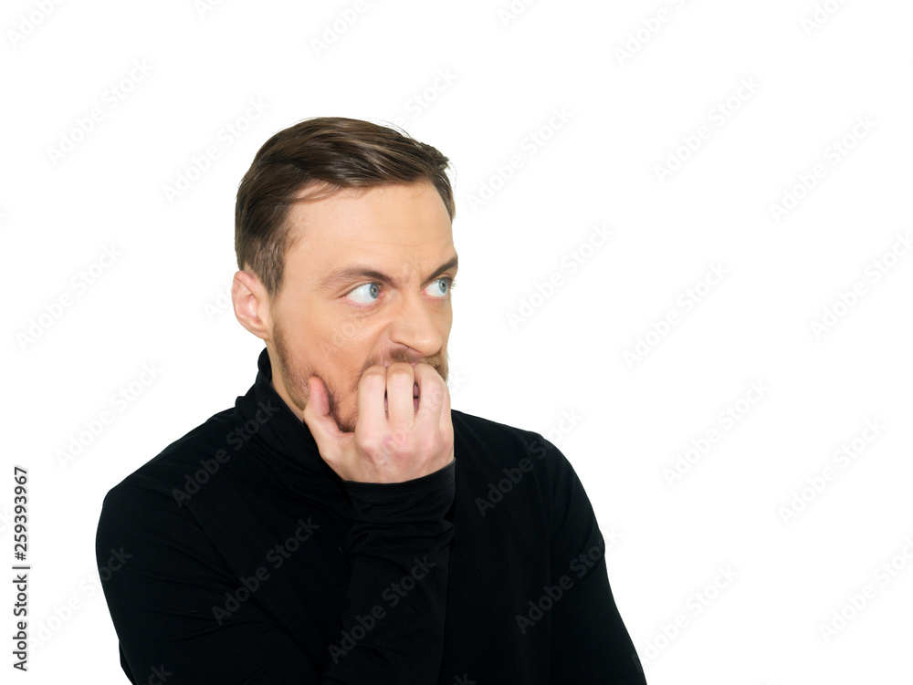 Face of an angry and furious  bearded male on a white background
