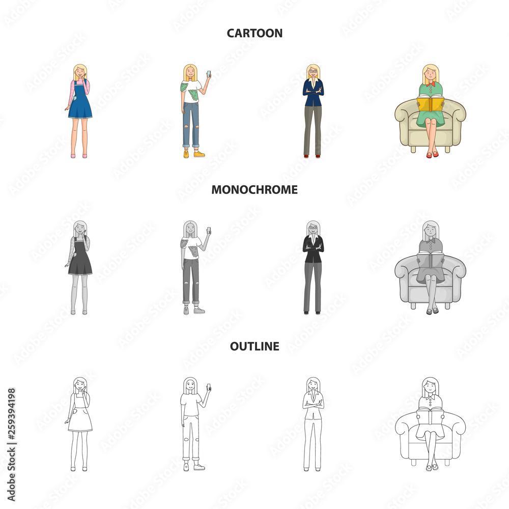 Vector illustration of posture and mood sign. Collection of posture and female stock symbol for web.