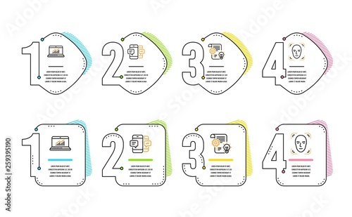 Online statistics, Cogwheel and Smartphone sms icons simple set. Face detection sign. Computer data, Idea bulb, Mobile messages. Detect person. Business set. Infographic timeline. Vector