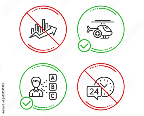 Do or Stop. Medical helicopter, Growth chart and Opinion icons simple set. 24h service sign. Sky transport, Sale diagram, Choose answer. Call support. Business set. Line medical helicopter do icon