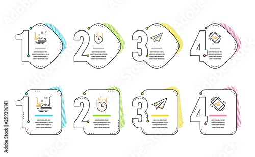 Fast delivery, Paper plane and Bumper cars icons simple set. Call center sign. Stopwatch, Airplane, Carousels. Phone support. Business set. Infographic timeline. Line fast delivery icon. Vector