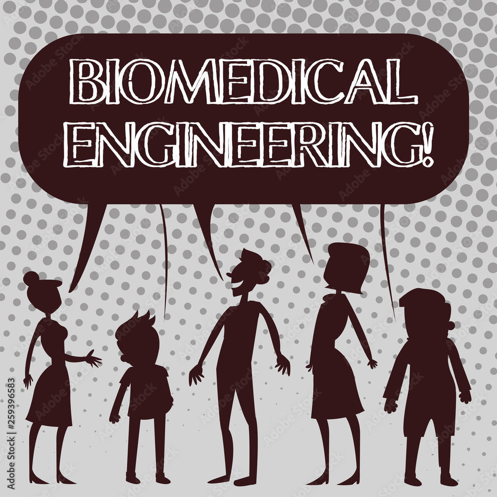 Obraz premium Handwriting text Biomedical Engineering. Conceptual photo advances knowledge biology medicine improves health Silhouette Figure of People Talking and Sharing One Colorful Speech Bubble