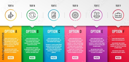 Speakers, Face id and Block diagram icons simple set. Fan engine, Graph phone and Portfolio signs. Sound, Identification system. Business set. Infographic template. 6 steps timeline. Business options