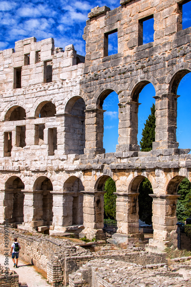 Pula arena - view from inside to the remains of ancient buildings, Croatia
