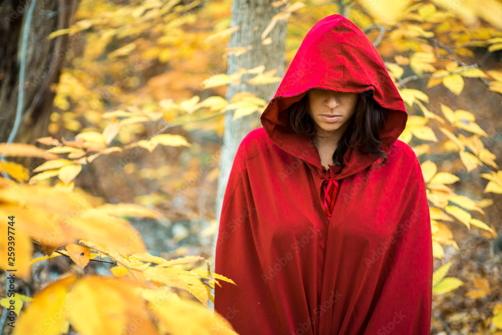 woman in hooded red cloak in autumn woman in hooded red cloak in autumn