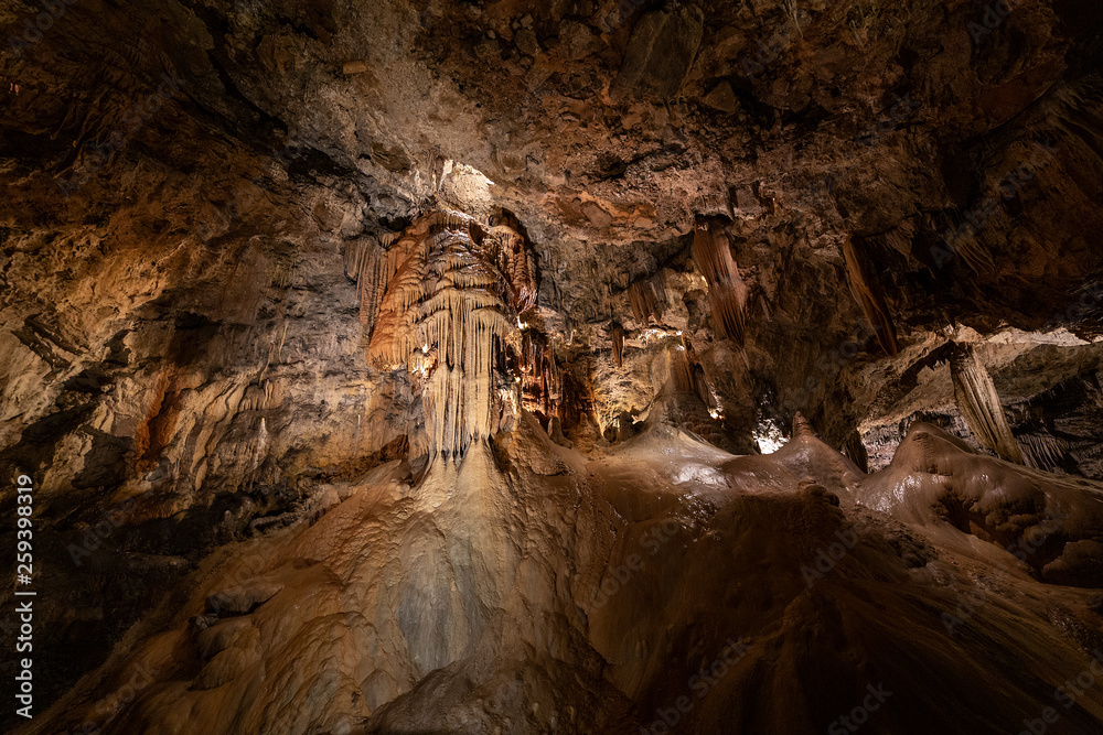 Stalagmite and stalactite at Valporquero cave in Leon