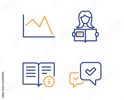 Woman read, Technical info and Line chart icons simple set. Approve sign. Girl studying, Documentation, Financial graph. Accepted message. Education set. Linear woman read icon. Colorful design set