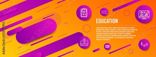 Header banner. Payment, Approved checklist and Analytics graph icons simple set. Contactless payment, Diagram and Balance signs. Finance, Accepted message. Education set. Line payment icon. Vector