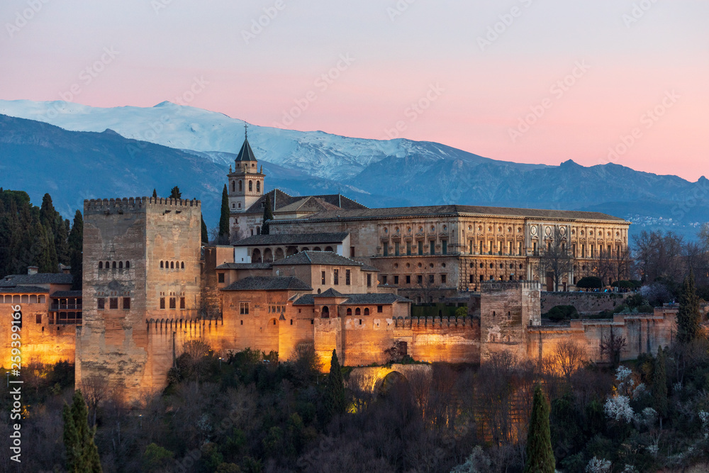 Sunset view at the Alhambra palace and fortress in Granada, Spain
