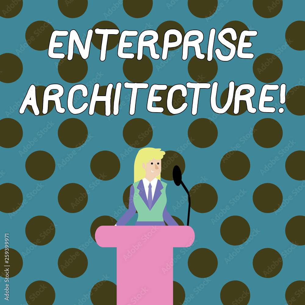 Word writing text Enterprise Architecture. Business photo showcasing practice for conducting enterprise analysis design Businesswoman Standing Behind Podium Rostrum Speaking on Wireless Microphone Word writing text Enterprise Architecture. Business photo showcasing practice for conducting enterprise analysis design Businesswoman Standing Behind Podium Rostrum Speaking on Wireless Microphone