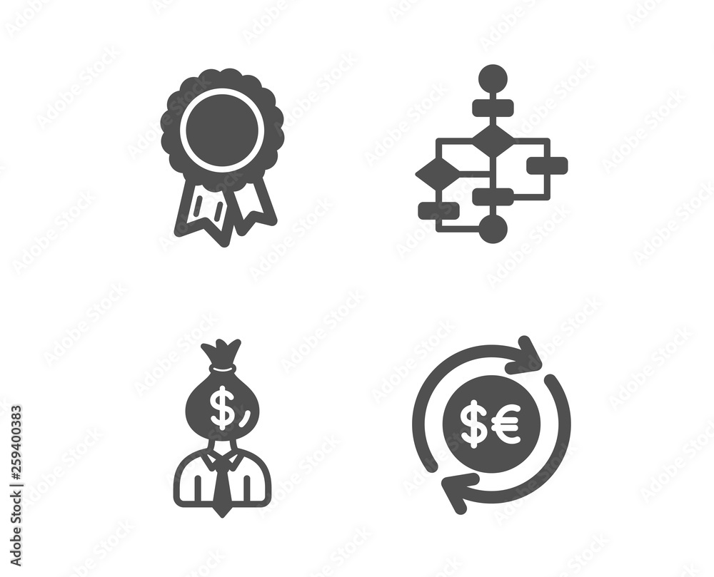 Set of Manager, Success and Block diagram icons. Money currency sign. Work profit, Award reward, Algorithm path. Cash change. Classic design manager icon. Flat design. Vector Set of Manager, Success and Block diagram icons. Money currency sign. Work profit, Award reward, Algorithm path. Cash change. Classic design manager icon. Flat design. Vector