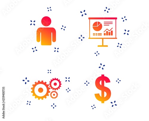 Business icons. Human silhouette and presentation board with charts signs. Dollar currency and gear symbols. Random dynamic shapes. Gradient chart icon. Vector
