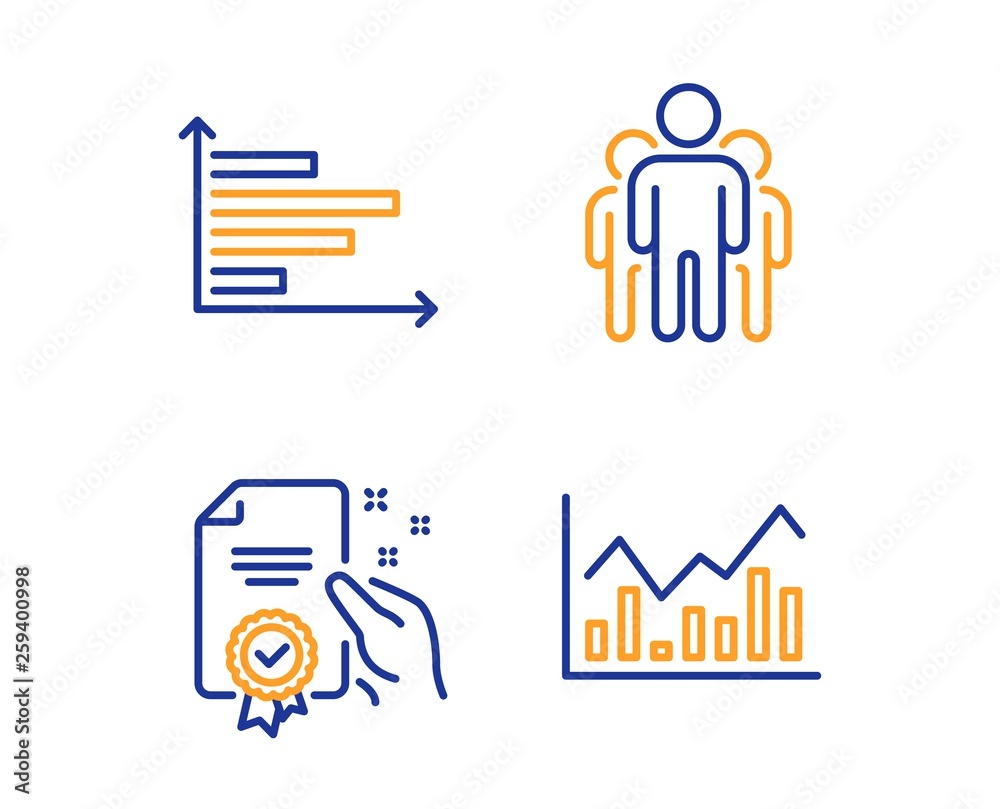Group, Horizontal chart and Certificate icons simple set. Infochart sign. Managers, Presentation graph, Certified guarantee. Stock exchange. Education set. Linear group icon. Colorful design set Group, Horizontal chart and Certificate icons simple set. Infochart sign. Managers, Presentation graph, Certified guarantee. Stock exchange. Education set. Linear group icon. Colorful design set