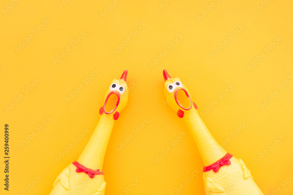Two screaming chicken toys are isolated on a yellow background, screaming with a mouth open looking into the camera. Chicken toy on a yellow background, pattern for design. - obrazy, fototapety, plakaty 