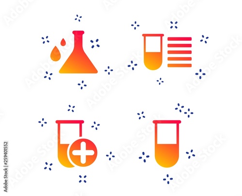 Chemistry bulb with drops icon. Medical test signs. Laboratory equipment symbols. Random dynamic shapes. Gradient chemistry icon. Vector