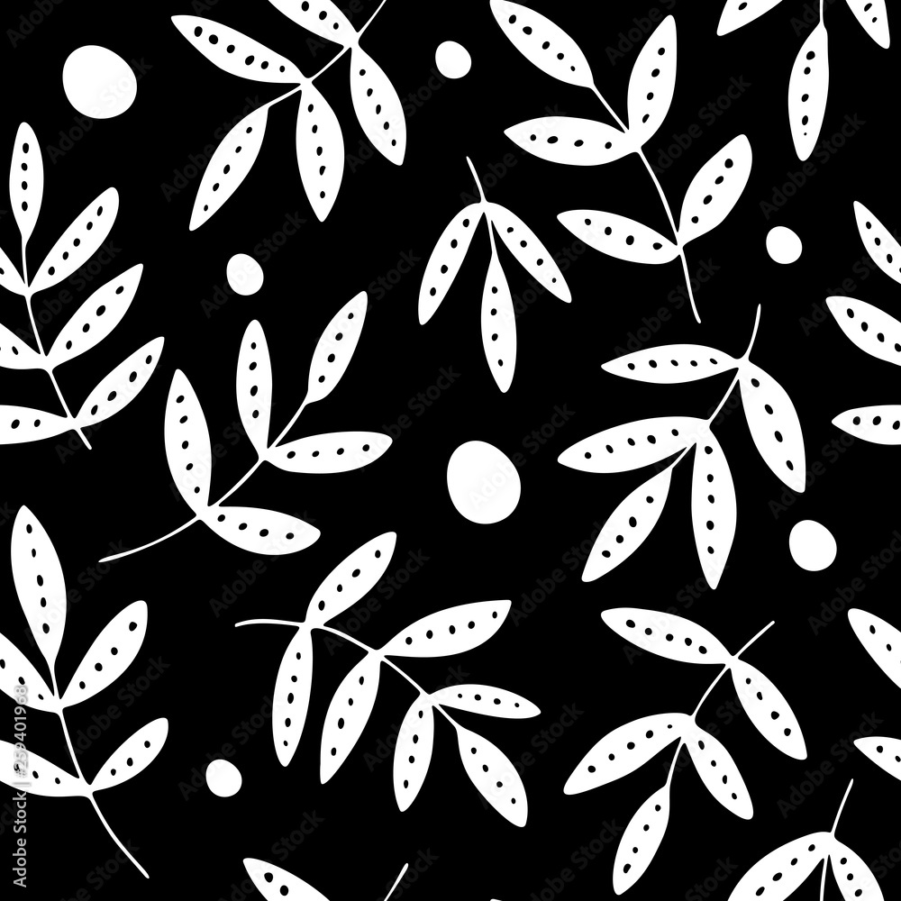 Black-white seamless pattern, decorative leaves and dots