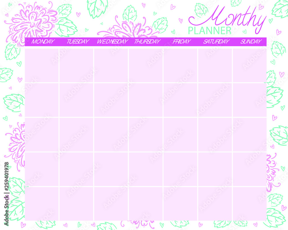 Monthly planner. Calendar for the month, planning tasks.
