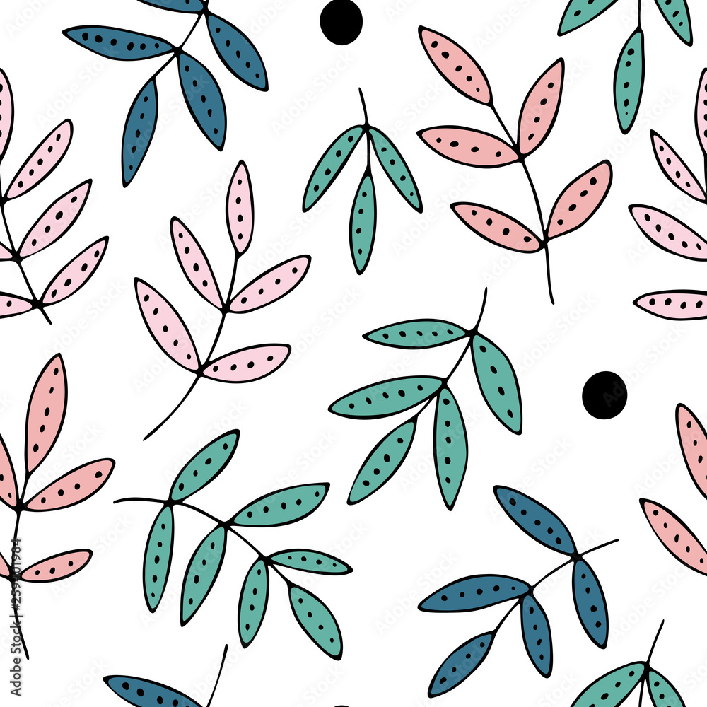 Hand drawn leaves and dots, seamless vector pattern, pink and green colors