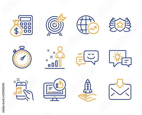 Idea lamp, World statistics and Stats icons simple set. Happy emotion, Crowdfunding and Finance calculator signs. Music phone, Archery and Like video symbols. Line idea lamp icon. Colorful set
