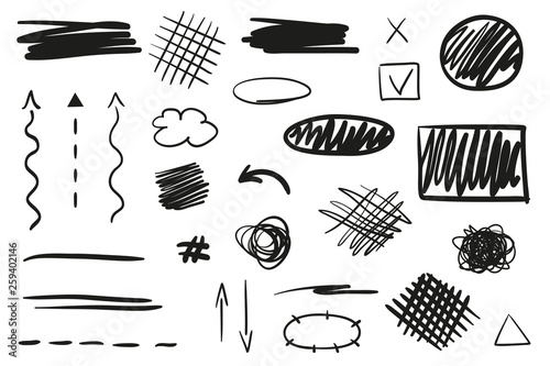 Infographic elements on isolated white background. Hand drawn geometric shapes. Line art. Set of different signs. Black and white illustration. Sketchy doodles for work