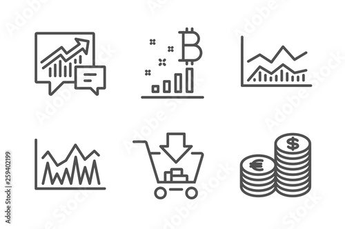 Investment, Accounting and Bitcoin graph icons simple set. Trade infochart, Shopping and Currency signs. Economic statistics, Supply and demand. Finance set. Line investment icon. Editable stroke