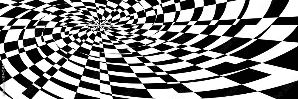 Abstract Black and White Geometric Pattern with Squares. Checkered Optical Psychedelic Illusion. Spiral Tunnel. Raster. 3D Illustration Abstract Black and White Geometric Pattern with Squares. Checkered Optical Psychedelic Illusion. Spiral Tunnel. Raster. 3D Illustration